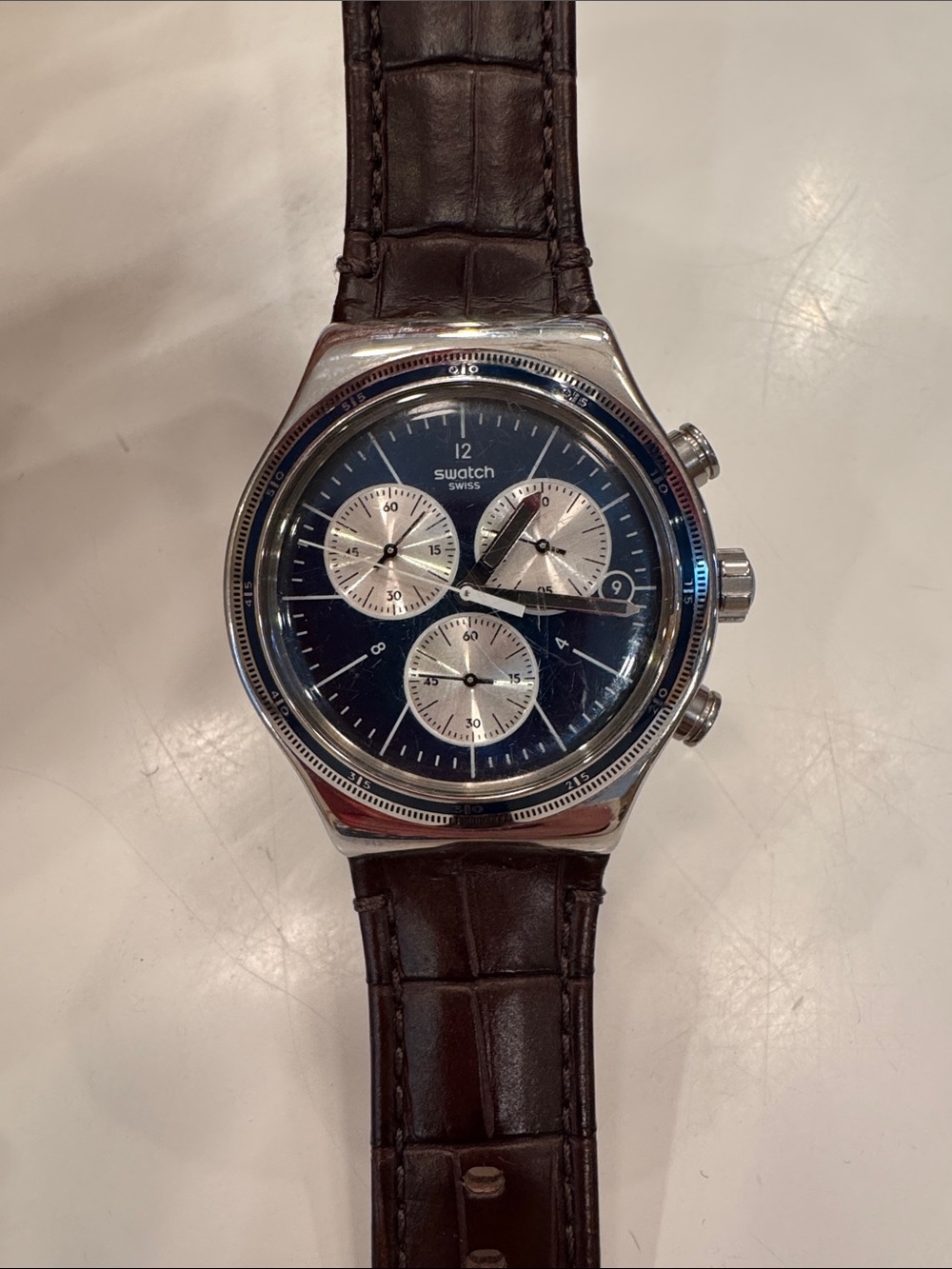 Swatch Men's Chronograph Watch - Blue Dial, Brown Strap 2015